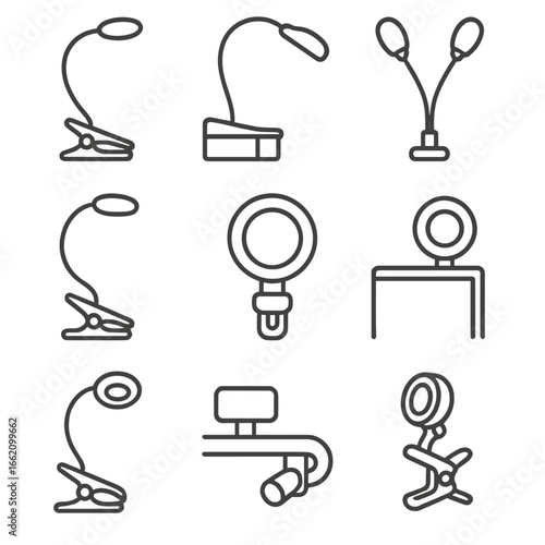 Clip-on Light Icons. Line style icons of Portable Clip-on Lights: book clip light, headboard clip lamp, music stand light, crafts