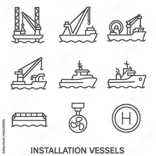 Installation Vessel Icons. Line style icons of Installation Vessels: jack-up vessel, heavy-lift crane ship, cable-lay vessel,