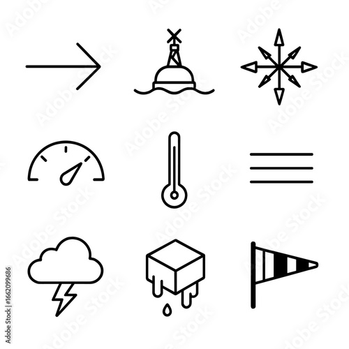 Weather Symbol Icons. Line style icons of Weather & Metocean Conditions: wind speed arrow, wave height buoy, current rose, tidal