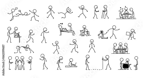 stick figures depicting varied activities and interactions in line art creating a visual story ideal for minimalist design and explainer content.