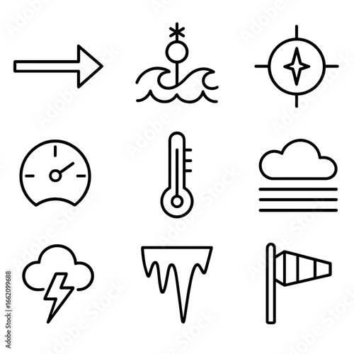 Weather Symbol Icons. Line style icons of Weather & Metocean Conditions: wind speed arrow, wave height buoy, current rose, tidal