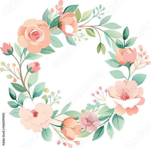 Delicate watercolor floral wreath with peaches and pink roses
