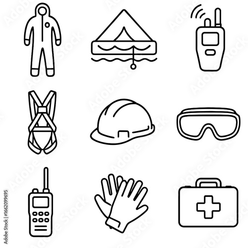Offshore Safety Gear Icons. Line style icons of Offshore Safety Gear: immersion suit, self-righting liferaft, personal locator