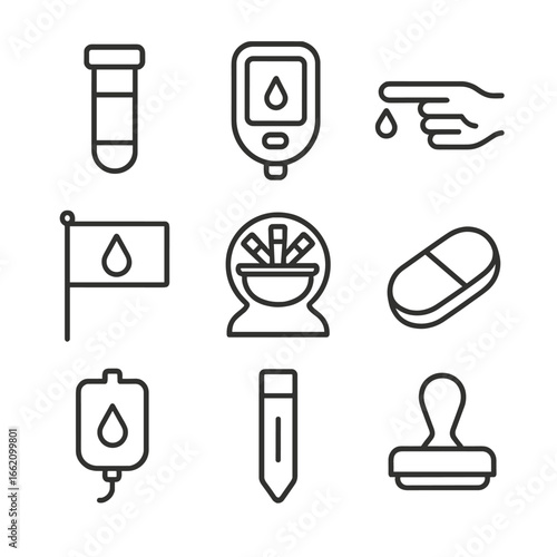 Hemoglobin Tools Icons. Line style icons of Hemoglobin Assessment Tools: hemoglobin tube, Hb meter, finger prick, anemia flag,