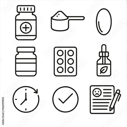Supplement Icons Collection. Line style icons of Supplement Usage Log: multivitamin bottle, protein powder scoop, omega-3 capsule,