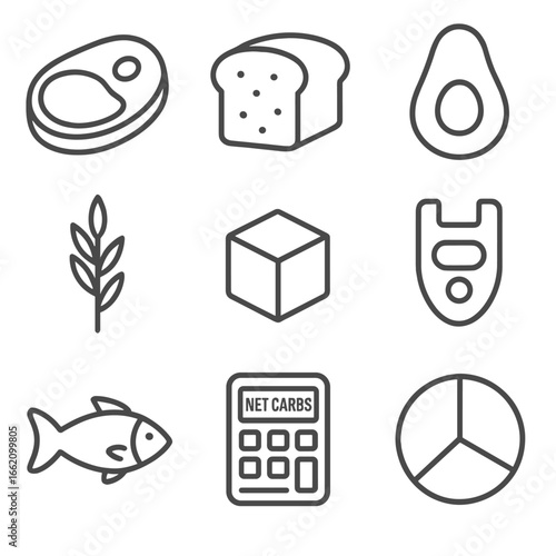 Macronutrient Icons Grid. Line style icons of Macronutrient Breakdown: protein steak, carbohydrate bread, fat avocado, fiber stalk
