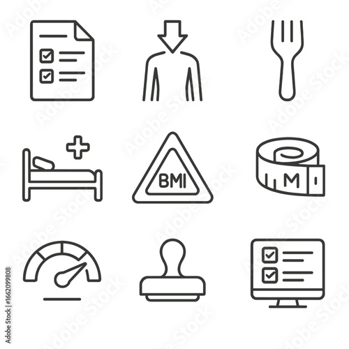 Malnutrition Screening Icons. Line style icons of Malnutrition Screening: screening form, weight loss arrow, appetite fork icon,