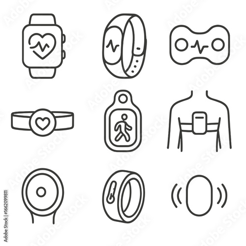 Wearable Health Tracker Icons. Line style icons of Wearable Health Trackers: smart watch, fitness band, ECG patch, chest strap,