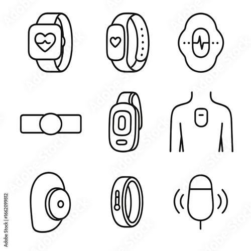 Wearable Health Tracker Icons. Line style icons of Wearable Health Trackers: smart watch, fitness band, ECG patch, chest strap,