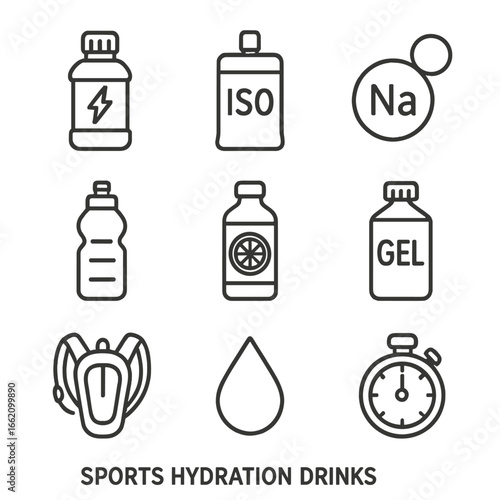 Sports Hydration Icons. Outline style icon of Sports Hydration Drinks: electrolyte bottle, isotonic pouch, sodium tablet, squeeze