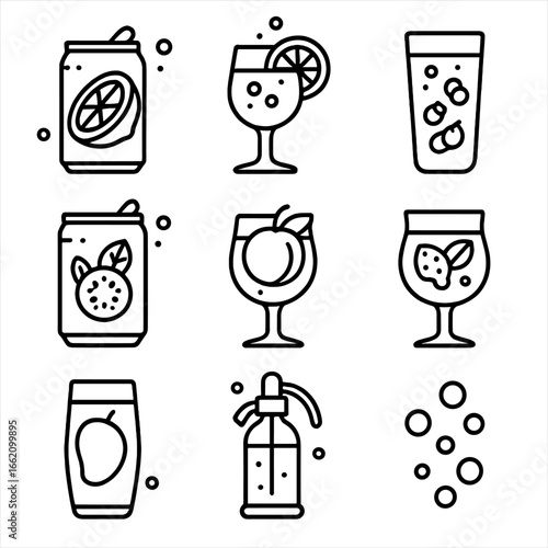 Flavored Sparkling Icons. Outline style icon of Flavored Sparkling Waters: lime sparkling can, grapefruit fizz, berry sparkle,