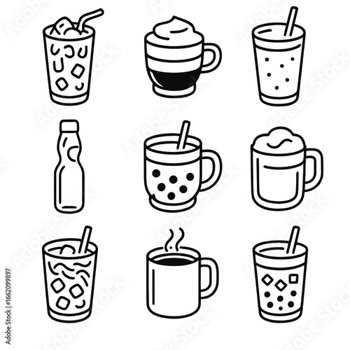 Asian Street Drinks Icons. Outline style icon of Street Drinks Asia: Thai iced tea, Vietnamese egg coffee, Indian lassi glass,