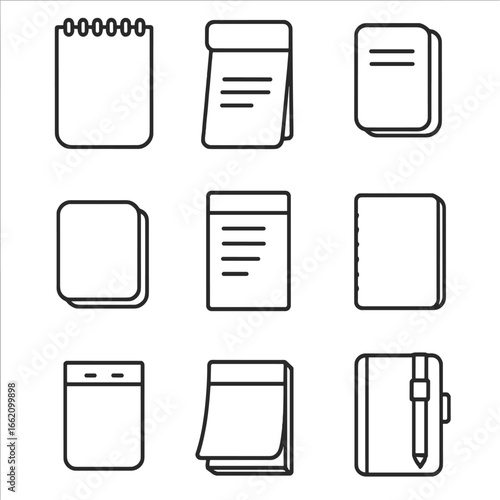 Pocket Notepad Icons. Outline style icon of Pocket Notepads: flip-top memo, matchbook pad, tiny field notes, credit-card notebook,