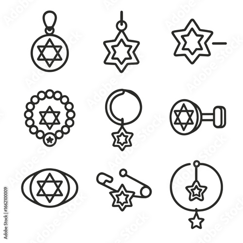 Star of David Icons. Outline style icon of Star of David Jewelry: gold pendant star, silver charm star, diamond stud star, bead