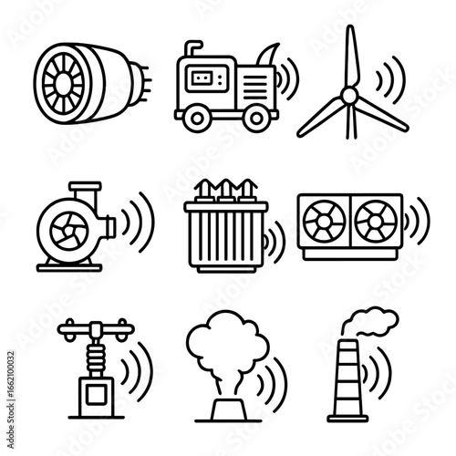 Outline Power Generation Icons. Outline style icon of Power Generation Noise: gas turbine, diesel generator, wind turbine blade,