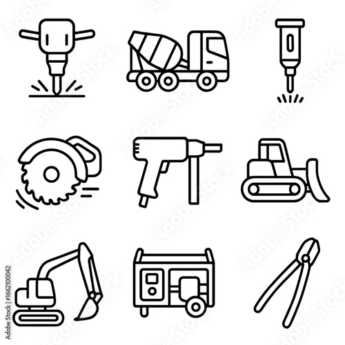 Construction Equipment Icons. Outline style icon of Construction Site Noise: jackhammer, concrete mixer truck, pile driver,