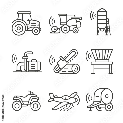 Farm Equipment Icons. Outline style icon of Agricultural Equipment Noise: tractor engine, combine harvester, grain dryer,