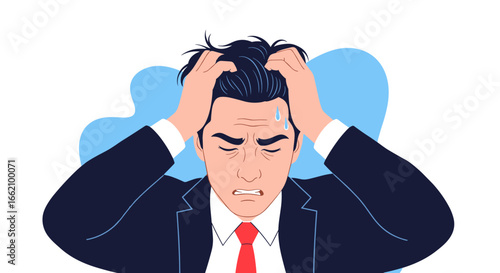 Frustrated man grasping head in distress and anxiety stressful situation facing challenges career pressure overwhelmed
