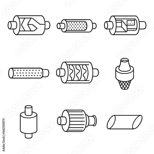 Exhaust System Icons. Outline style icon of Exhaust Silencers & Mufflers: reactive chamber muffler, absorptive straight-pipe,
