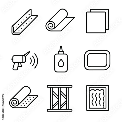 Soundproofing Materials Icons. Outline style icon of Sound-Isolation Building Materials: resilient channel strip, mass-loaded