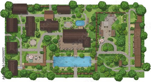 resort plan showcasing the layout of a luxury resort with pools gardens and bungalows for travel brochures and property development serene getaway top view