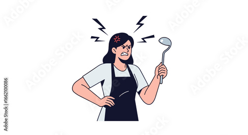 Frustrated chef expresses anger while holding kitchen utensil and feeling disappointed