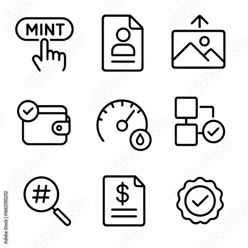 NFT Minting Workflow Icons. Outline style icon of NFT Minting Workflow: mint button, metadata form, upload image, wallet sign