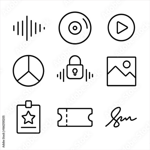 Music NFT Icons. Outline style icon of Music NFT Components: audio waveform, vinyl disc, play button, royalty split pie,
