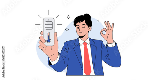 Professional man evaluates temperature device indicating health safety and well being for everyone