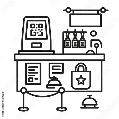 Conference Registration Icon. Outline style icon of Conference Registration Booth: check-in kiosk, QR code scanner, printed badge,