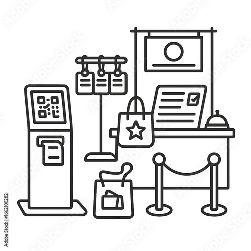 Conference Registration Icon. Outline style icon of Conference Registration Booth: check-in kiosk, QR code scanner, printed badge,