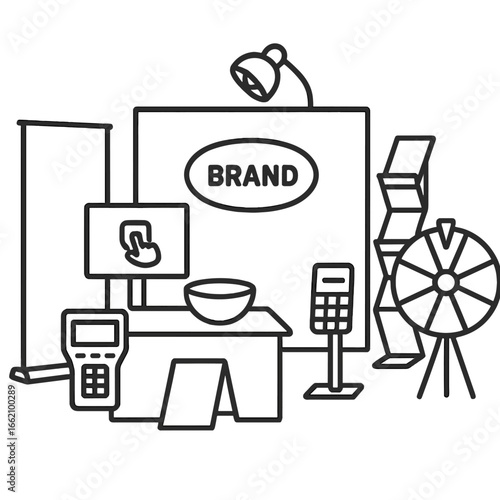 Exhibition Booth Icon. Outline style icon of Sponsor Exhibition Booth: pop-up banner, product demo screen, swag bowl, brochure
