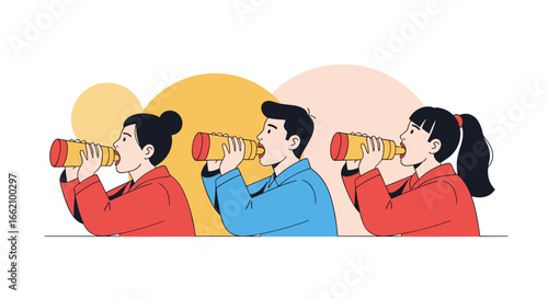 People loudly calling out with megaphones looking for opportunities and listening