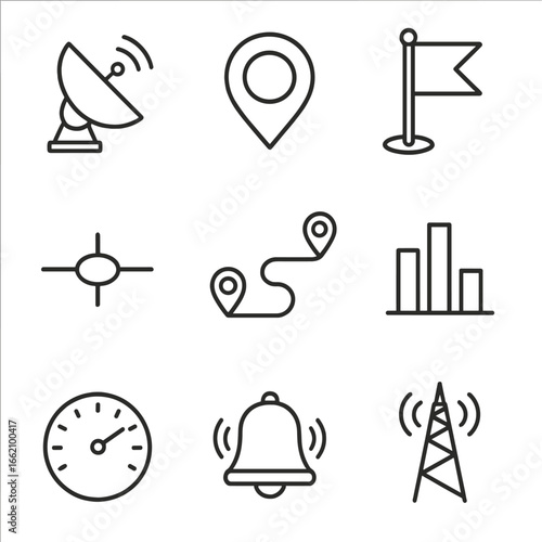 GPS Navigation Icons. Outline style icon of GPS Navigation Functions: satellite dish, position fix icon, waypoint flag, route leg