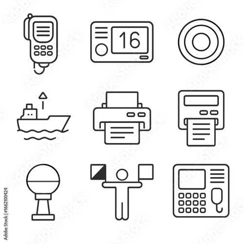 Marine Communication Icons. Outline style icon of Marine Communication Channels: VHF handset, channel 16 display, DSC distress