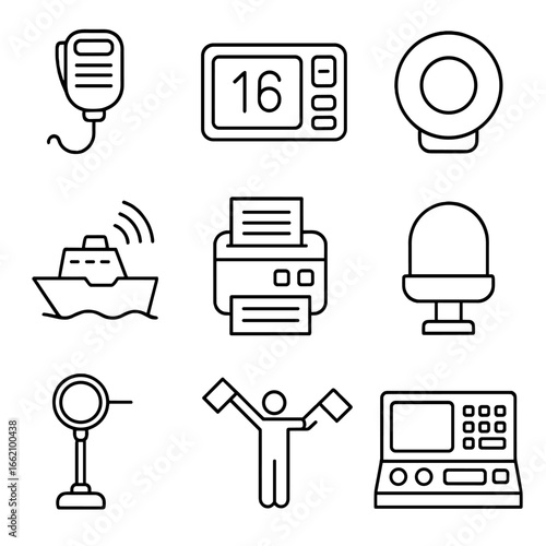 Marine Communication Icons. Outline style icon of Marine Communication Channels: VHF handset, channel 16 display, DSC distress