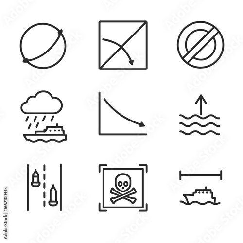 Route Optimization Icons. Outline style icon of Route Optimization Factors: great circle arc, rhumb line, no-go area, weather