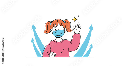 Young girl with face mask waves happily with upward arrows indicating progress and protection