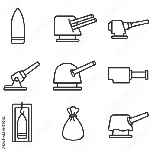 Naval Artillery Icons. Outline style icon of Naval Artillery Types: 16-inch shell, dual-purpose gun, rapid-fire cannon, deck