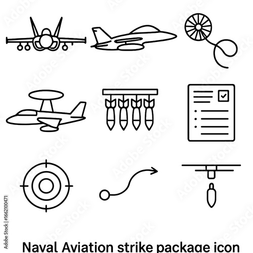 Naval Aviation Icons. Outline style icon of Naval Aviation Strike Package: strike fighter, EW growler, tanker drogue, airborne
