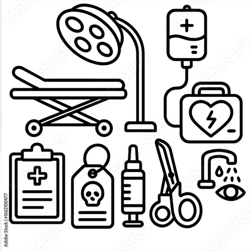 Combat Medical Bay Icon. Outline style icon of Combat Medical Bay: triage stretcher, IV bag, defibrillator, surgical lamp, med