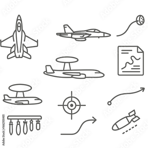 Naval Aviation Icons. Outline style icon of Naval Aviation Strike Package: strike fighter, EW growler, tanker drogue, airborne