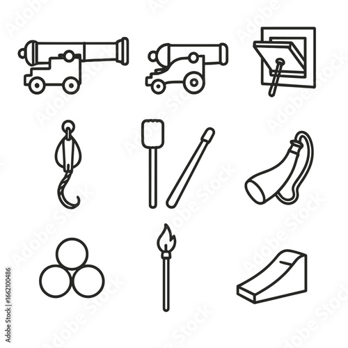 Age of Sail Cannons. Outline style icon of Age-of-Sail Cannons: long gun, carronade, gun port lid, tackle line, swab sponge,
