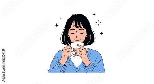 A person enjoying a warm beverage with eyes closed in a moment of peaceful bliss