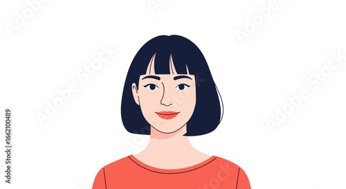 Charming young woman with short dark hair and casual red top poses for a portrait