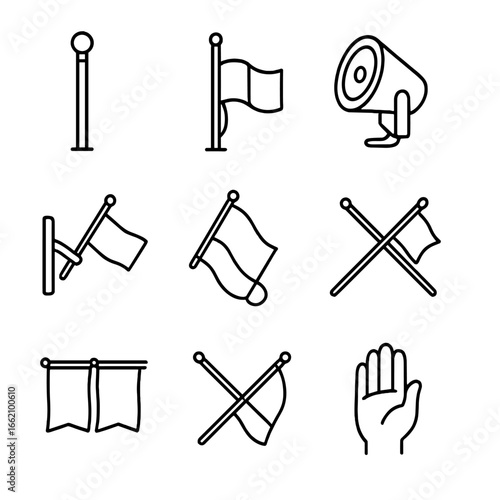 Flag Etiquette Icons. Outline style icon of Flag Display Etiquette: flagpole finial ball, halyard rope, half-mast position,