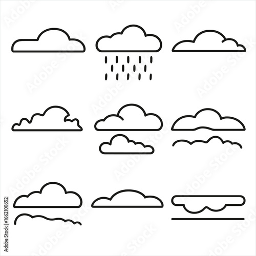 Stratiform Layer Icons. Outline style icon of Stratiform Layers: low stratus sheet, uniform gray deck, drizzle veil, ragged