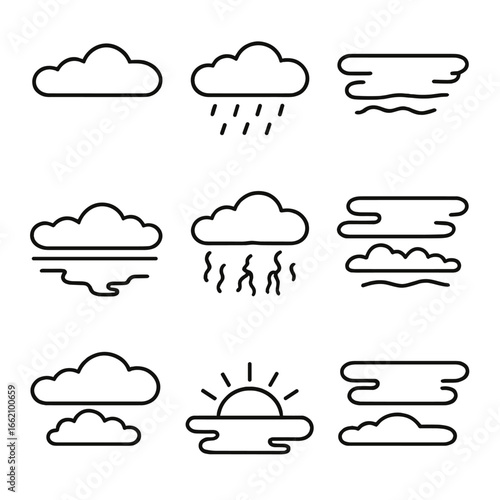 Stratiform Layer Icons. Outline style icon of Stratiform Layers: low stratus sheet, uniform gray deck, drizzle veil, ragged