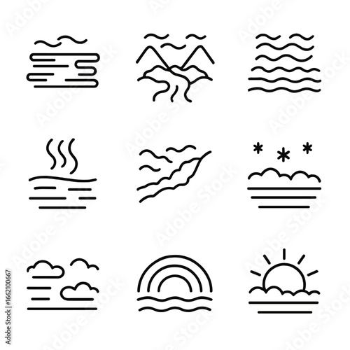 Fog Phenomena Icons. Outline style icon of Fog & Mist Forms: radiation fog veil, valley fog river, advection sea mist, steam fog