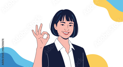 Happy woman in business suit gives ok gesture demonstrating success and approval